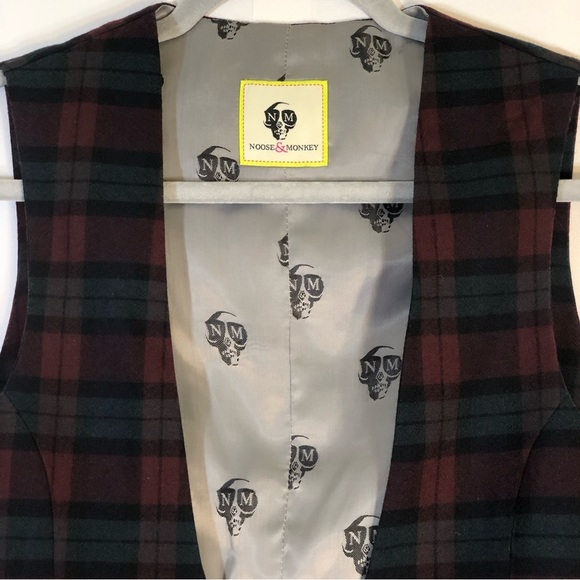 Noose & Monkey Ginsberg Plaid Double Breasted Waistcoat Vest Skull Print Back - Picture 3 of 16